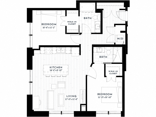 Floor plan for 2 beds, 2 baths, 1079 sqft